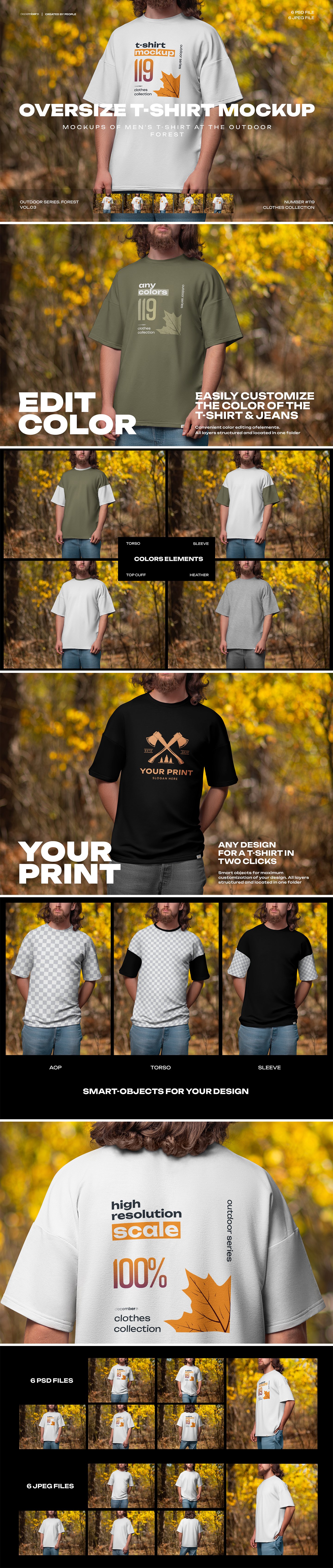 6 Mockups of Men&#039;s Oversize T-Shirt at the Outdoor. Forest. vol.03