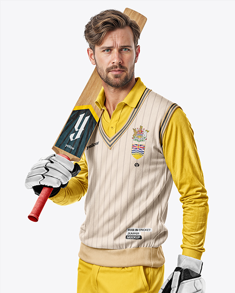 Cricket Player Wearing a Sleeveless Jumper Holding a Bat Mockup - Jumper