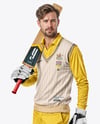 Cricket Player Wearing a Sleeveless Jumper Holding a Bat Mockup