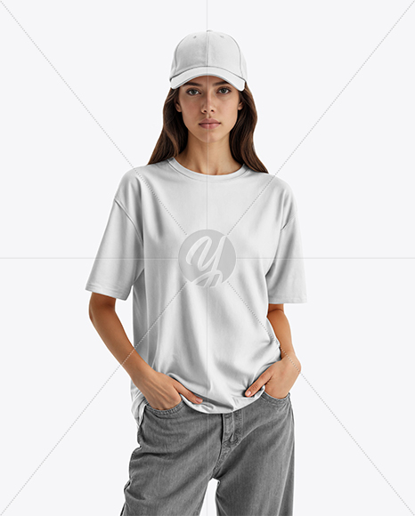 Young Woman Wearing T-Shirt and Baseball Cap Mockup