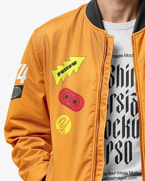 Bearded Man Wearing Bomber Jacket and Jeans Mockup
