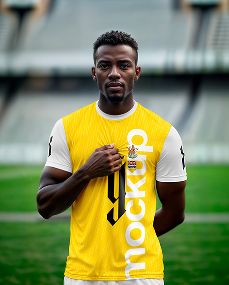 Soccer Player Wearing a Crew Neck Jersey and Shorts at the Stadium Mockup