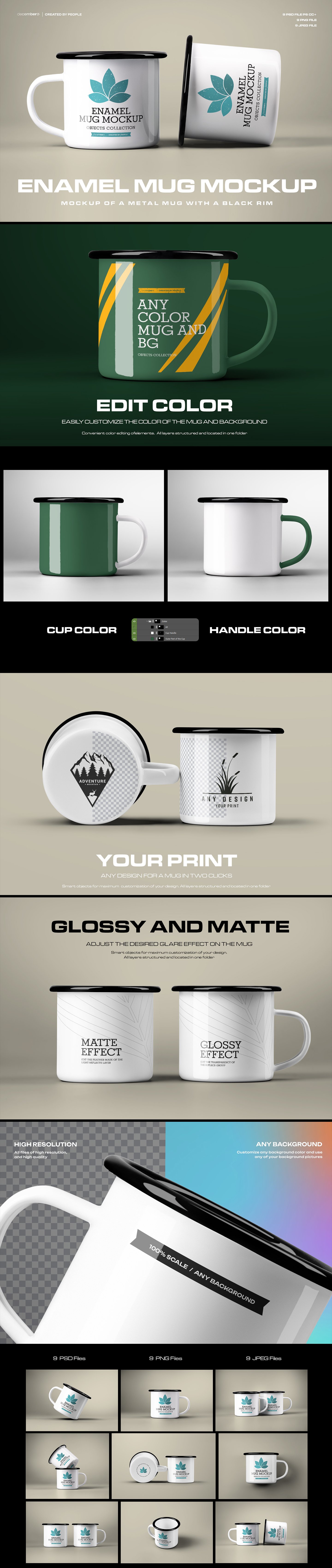 9 Mockups of Enamel Metal Mug with Black Rim