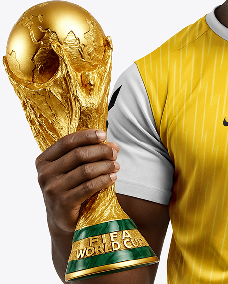 Soccer Player Wearing Jersey and Shorts Holds Cup Mockup