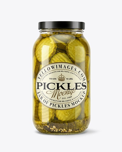 Clear Glass Jar with Bread & Butter Crinkle Cut Pickles Mockup - Glass+Jar+Of+Pickled+Cucumbers+Mockup+Set+In+Packaging+Mockups