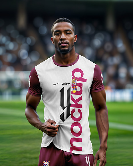 Soccer Player Wearing a Crew Neck Jersey and Shorts at the Stadium Mockup