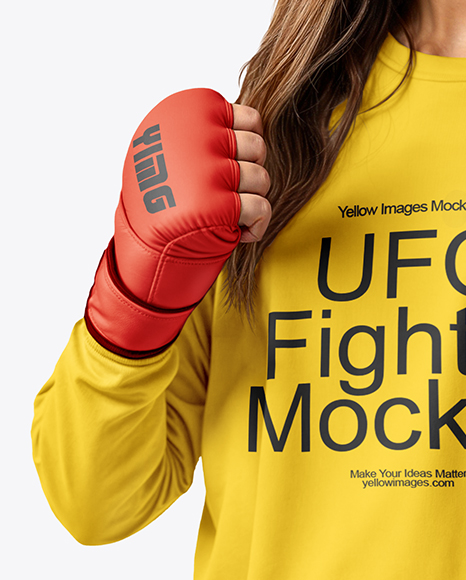 Female UFC Fighter Wearing Long Sleeve T-Shirt & Shorts Mockup