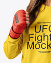 Female UFC Fighter Wearing Long Sleeve T-Shirt & Shorts Mockup