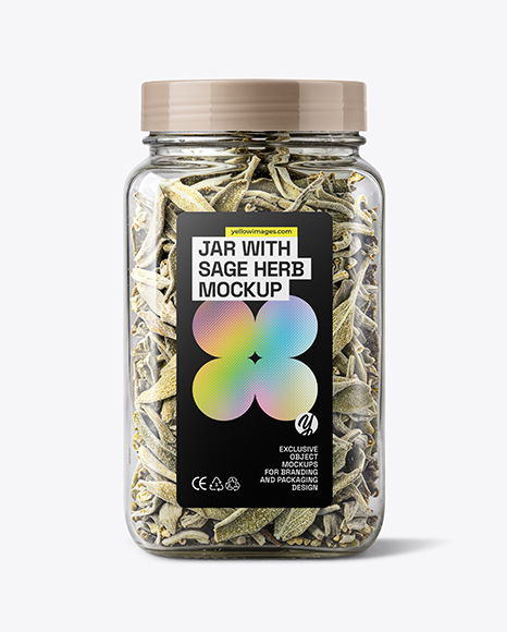 Square Plastic Jar with Sage Herb Mockup - Spice bottle mockup