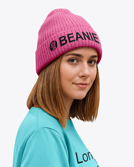 Young Woman Wearing Long Sleeve and Beanie with Longboard Mockup