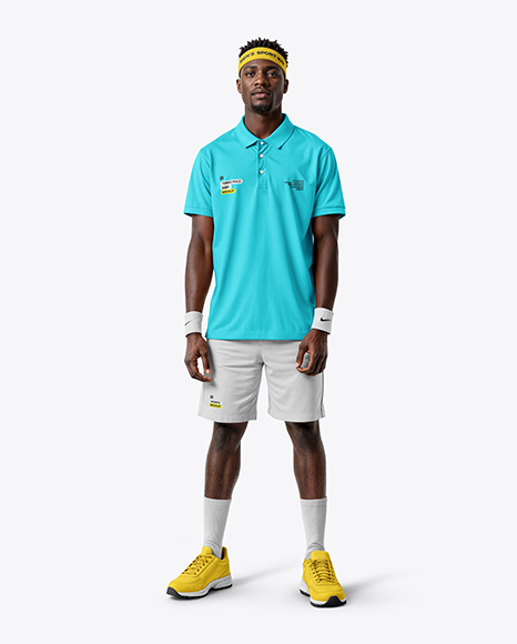 Afro-American Man Wearing Full Tennis Kit Mockup - Full+Men+S+Cycling+Kit+Mockup+Front+View+In+Apparel+Mockups+On+Yellow+Images+Object+Mockups
