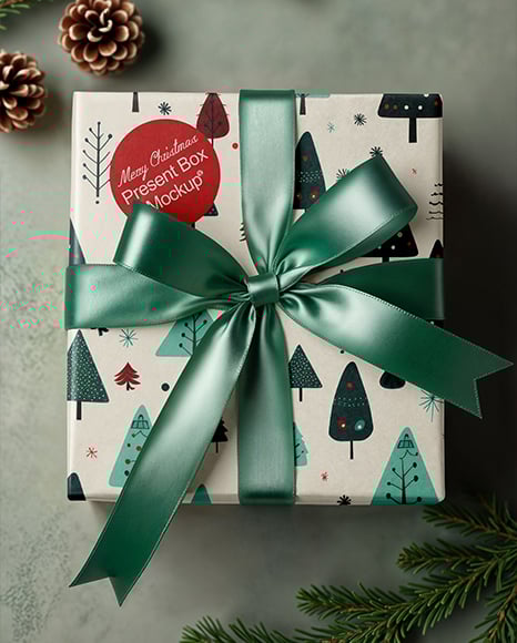 Top View of Christmas Gift Box Mockup - Textured+Gift+Box+With+Apple+iPhone+X+Mockup+-+Top+View+in+...