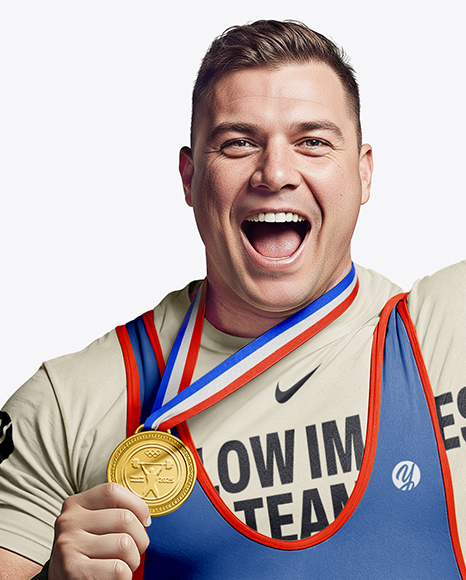 Man Wearing Weightlifing Suit with Medal Mockup