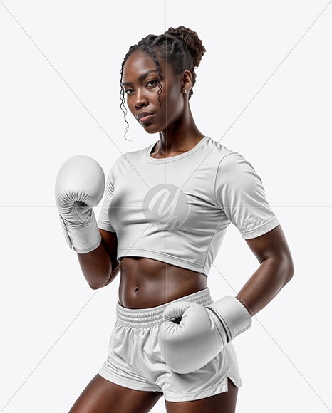 Black Female UFC Fighter Wearing T-Shirt & Shorts Mockup