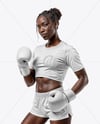 Black Female UFC Fighter Wearing T-Shirt & Shorts Mockup