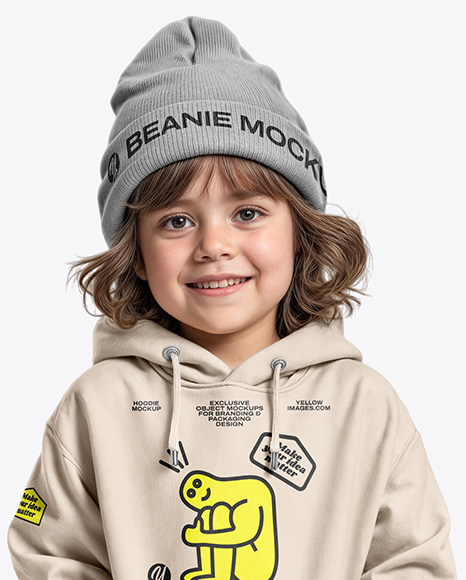 Boy Wearing a Hoodie and Beanie Hat Mockup