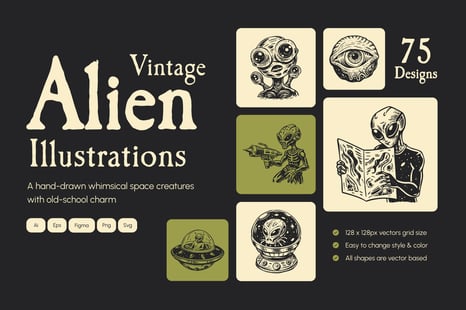 Vintage Alien Illustration Set