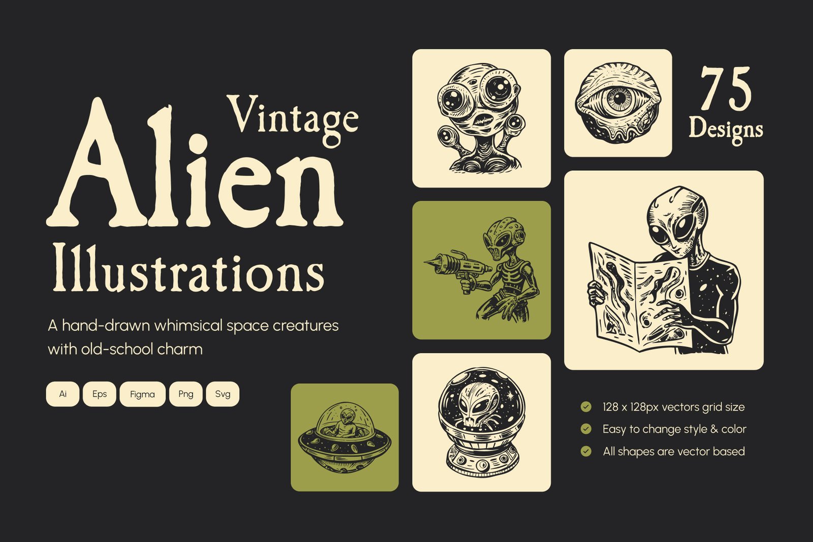 Vintage Alien Illustration Set
