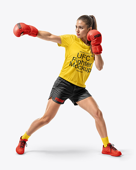 Female UFC Fighter Wearing T-Shirt & Shorts Mockup - Mesh shorts mockup