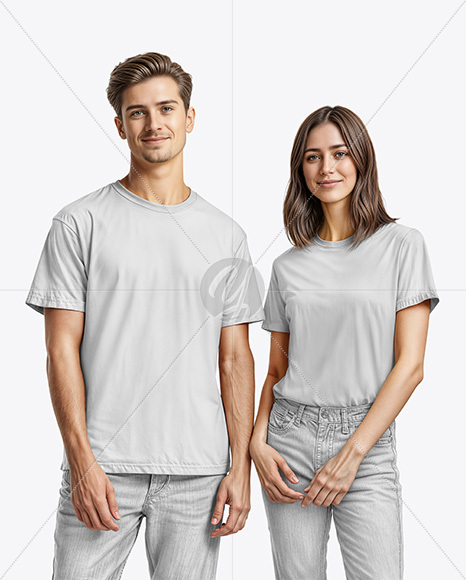 A Young Man and a Young Woman Wearing T-shirts and Jeans Mockup