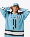 Woman Wearing Ice Hockey Jersey and Cap Mockup