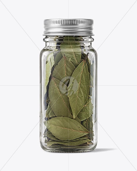 Square Glass Jar with Bay Leaves Mockup