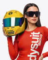 Woman Wearing Bodysuit With Racing Helmet Mockup