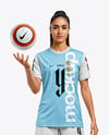 Woman Wearing Soccer Jersey and Shorts Mockup