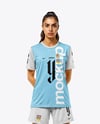 Woman Wearing Soccer Jersey and Shorts Mockup