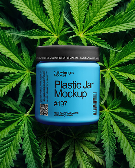 Plastic Supplements Jar on a Hemp Leaves Mockup - Plastic cup mockup