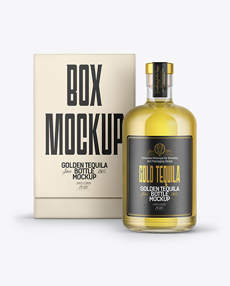 Golden Tequila Bottle with Box Mockup