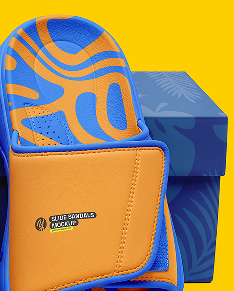 Pair of Velcro Slide Sandals With Box Mockup