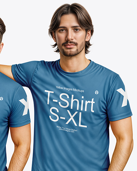 Two Young Men Wearing T-shirts and Jeans Mockup