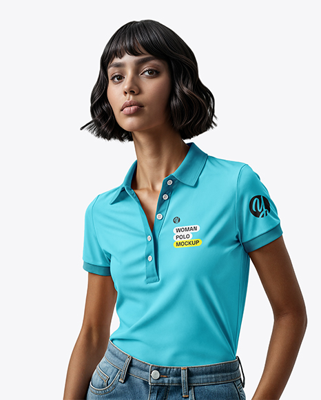 Young Woman Wearing Polo Shirt and Jeans Mockup - Polo t shirt