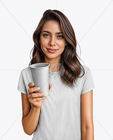 Woman Wearing a T-shirt Holding 16oz Paper Cup Mockup