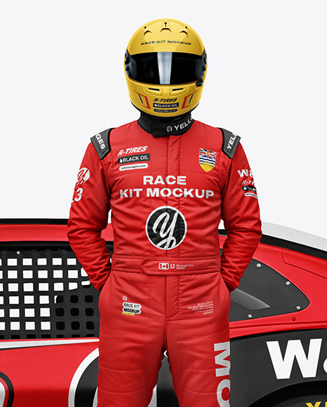 Man Wearing Racing Kit with Nascar Car Mockup