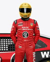 Man Wearing Racing Kit with Nascar Car Mockup