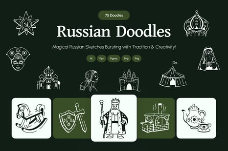 Russian Doodle Icon Set - Dancing characters