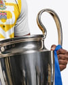 Soccer Player Wearing Jersey and Shorts Holds Cup Mockup