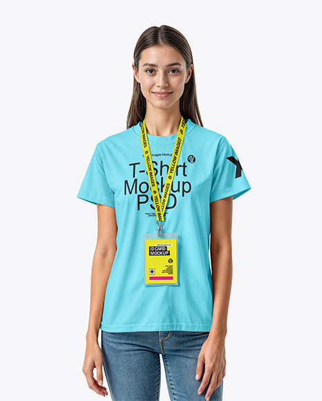 Young Woman Wearing T-shirt with ID Card Mockup - Female+T+Shirt+Mockup+Psd+Tshirt+Mockup+Shirt+Mockup+Cool+T+Shirts