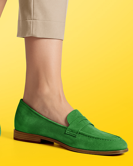 Pair of Suede Loafers on Woman's Legs Mockup