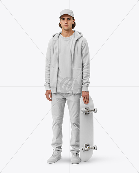 Young Man Wearing Hoodie and Holding Skateboard Mockup
