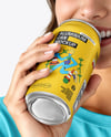 Woman Wearing a T-shirt Holding Drink Can Mockup