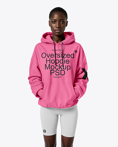 Black Woman Wearing an Oversize Hoodie and Cycling Shorts Mockup - Realistic+Hoodie+Mockup.+Black+Sweatshirt,+White+Urban+...