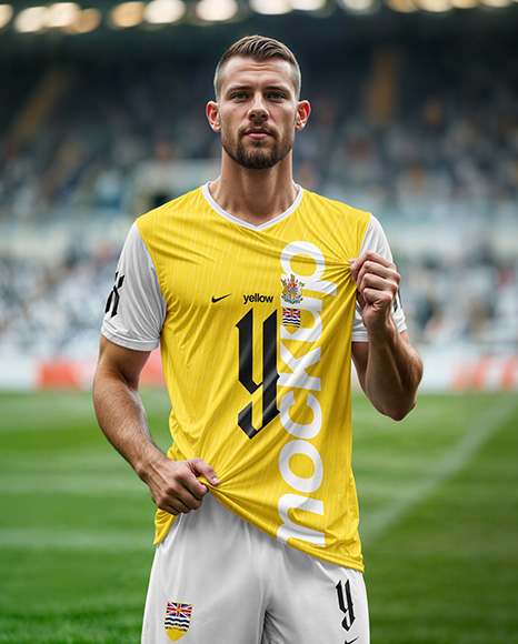 Soccer Player Wearing a Full Kit at the Stadium Mockup - Soccer+Jersey+and+Football+Kit+Presentation+Mockup+...