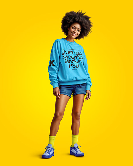 Black Woman Wearing an Oversize Sweatshirt and Shorts Mockup