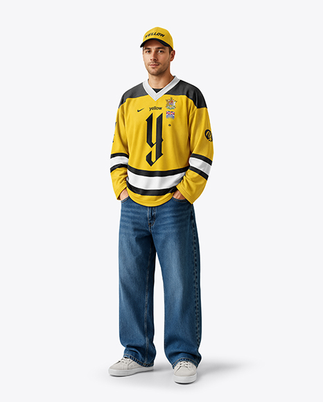 Man Wearing Ice Hockey Jersey Mockup - With cap
