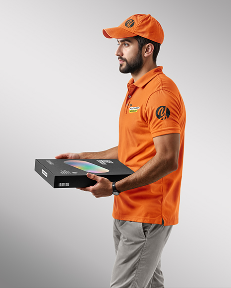 Delivery Man with Pizza Box Wearing Polo Shirt Mockup
