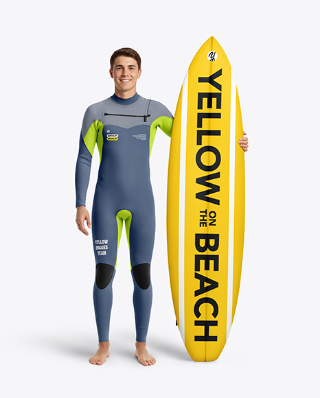 Surfer Wearing Wetsuit with Shortboard Mockup - Premium PSD Mockups