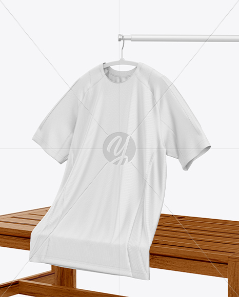 Training Jersey on Hanger Over Wooden Bench Mockup